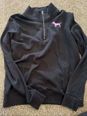 PINK Victoria's Secret Black Quarter-Zip Sweater with Pink Dog Logo